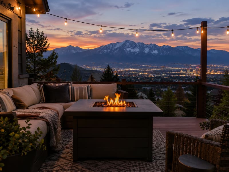 Backyard deck at dusk with Salt Lake valley views